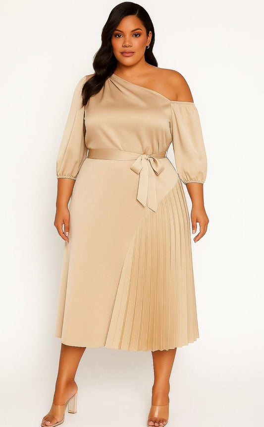 Celeste One-Shoulder Pleated Midi Dress – Curve
