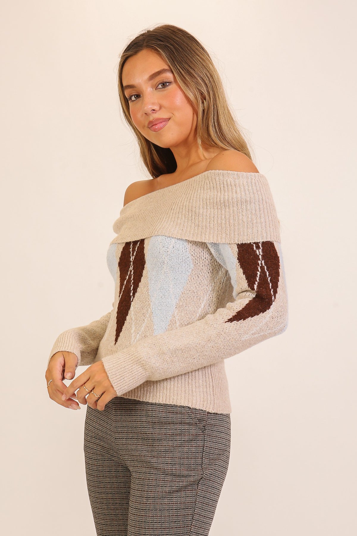 Prep Rebel Off-Shoulder Argyle Sweater