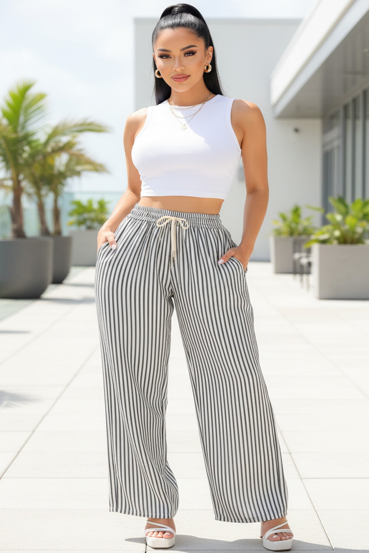 Breezy Stripe Drawstring Wide‑Leg Pants