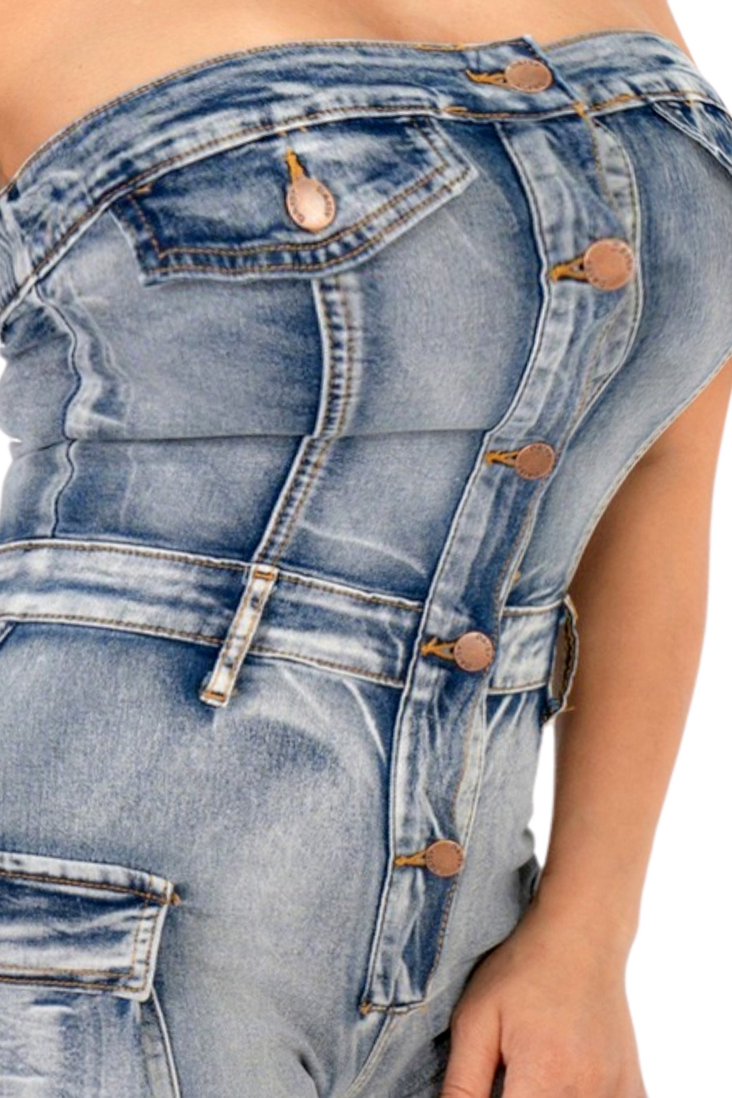 Utility Curve Strapless Cargo Denim Jumpsuit