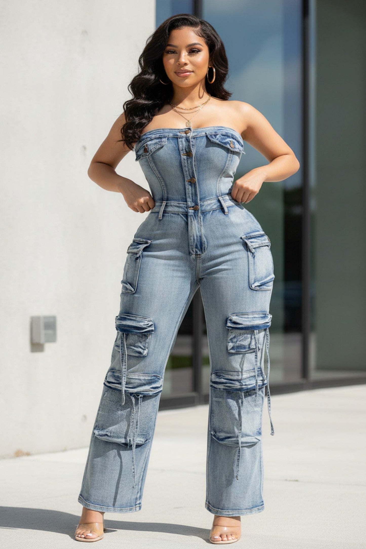 Utility Curve Strapless Cargo Denim Jumpsuit