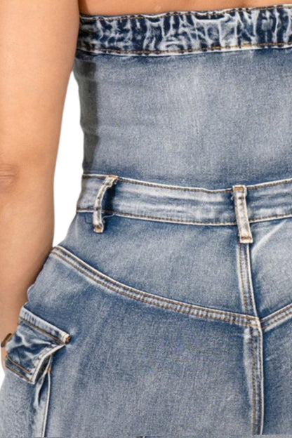 Utility Curve Strapless Cargo Denim Jumpsuit