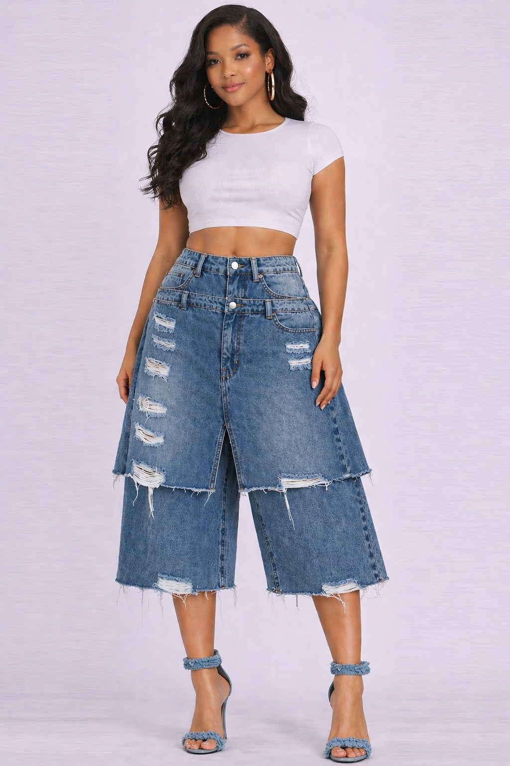 Layered Edge Distressed Double-Waist Denim Bermuda Shorts