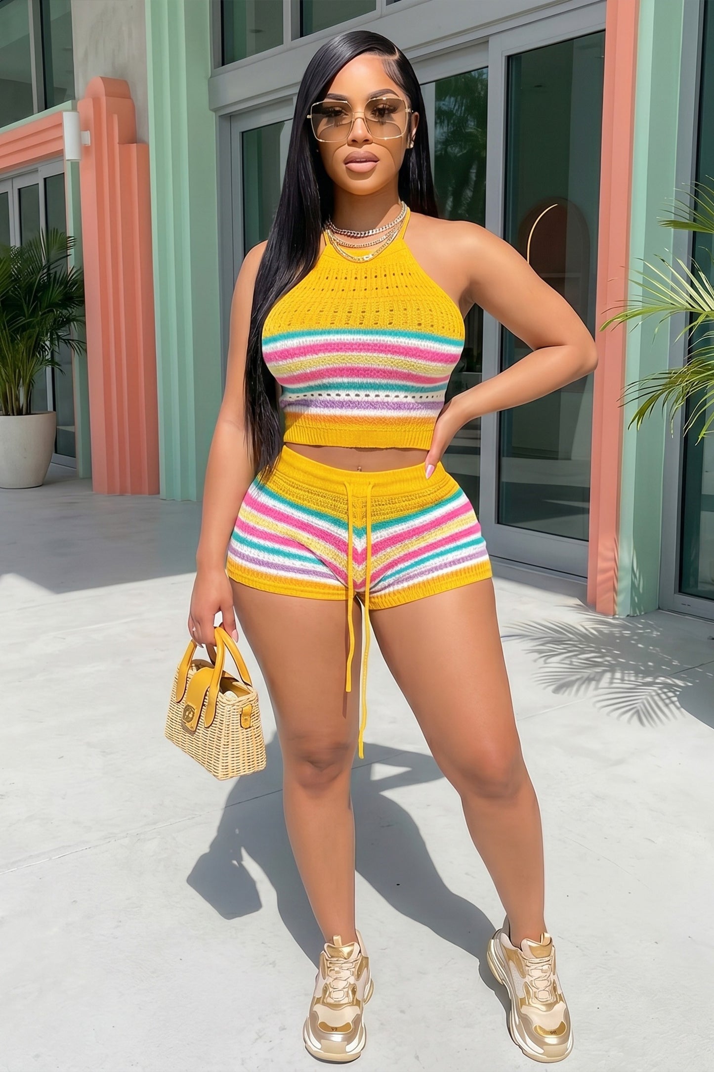 Sunset Stripe Crochet Short Set