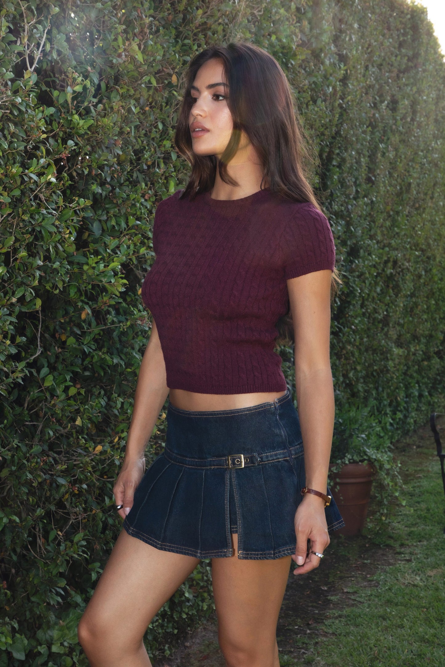 Luche Washed Denim Pleated Mini Skirt