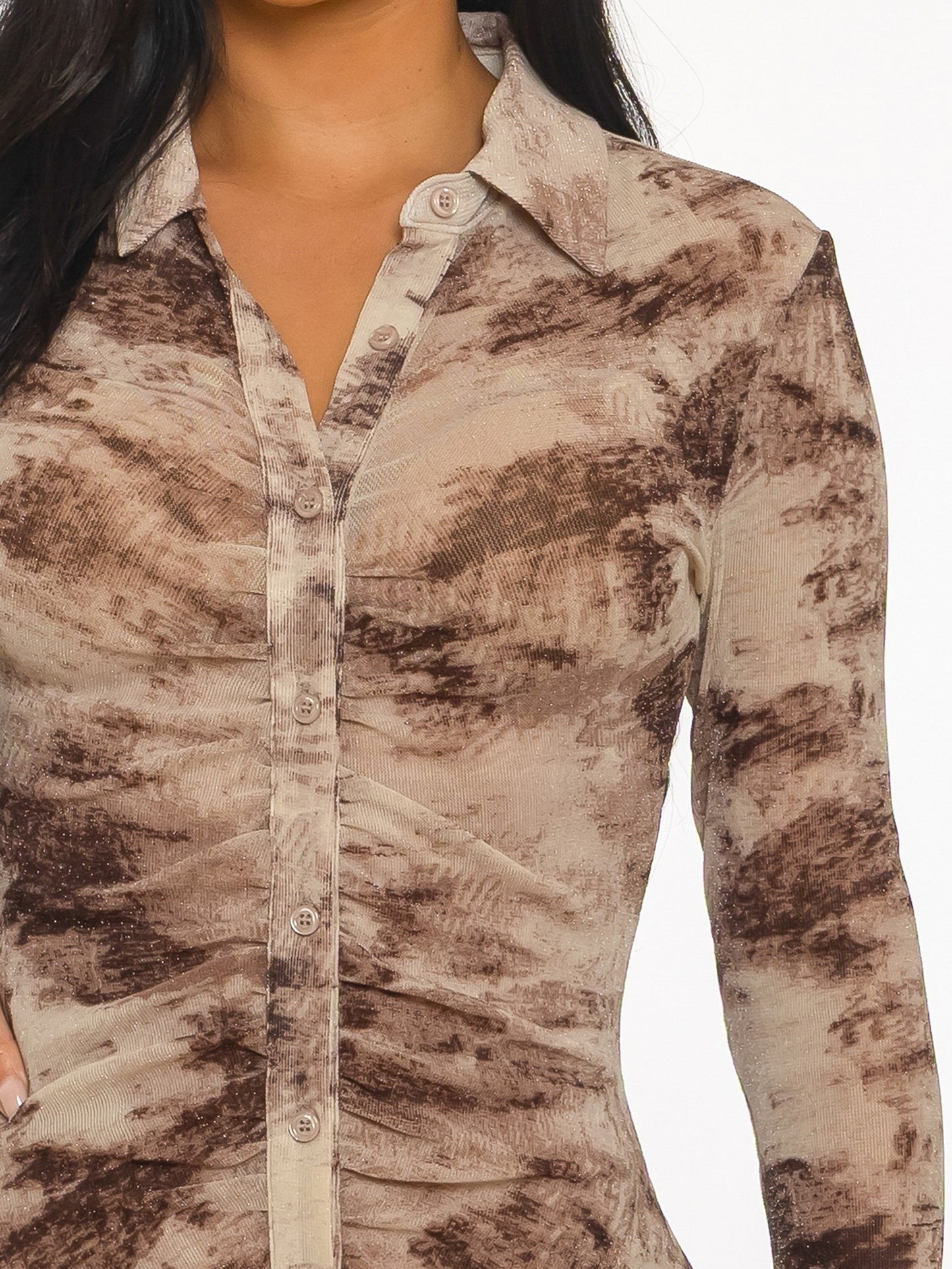 Mocha Mirage Ruched Button-Down Midi Dress
