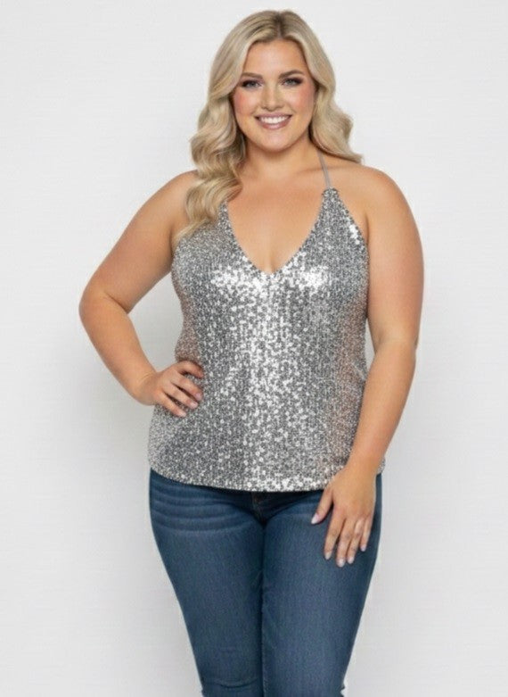 Starlight V-Neck Sequin Halter Tank -Curve
