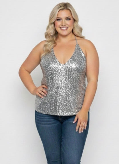 Starlight V-Neck Sequin Halter Tank -Curve