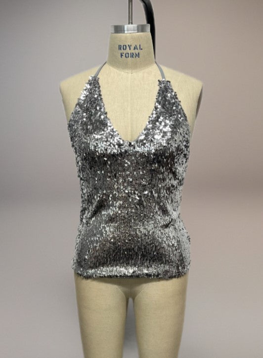 Starlight V-Neck Sequin Halter Tank -Curve