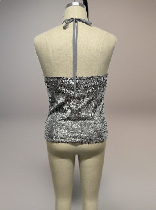 Starlight V-Neck Sequin Halter Tank -Curve