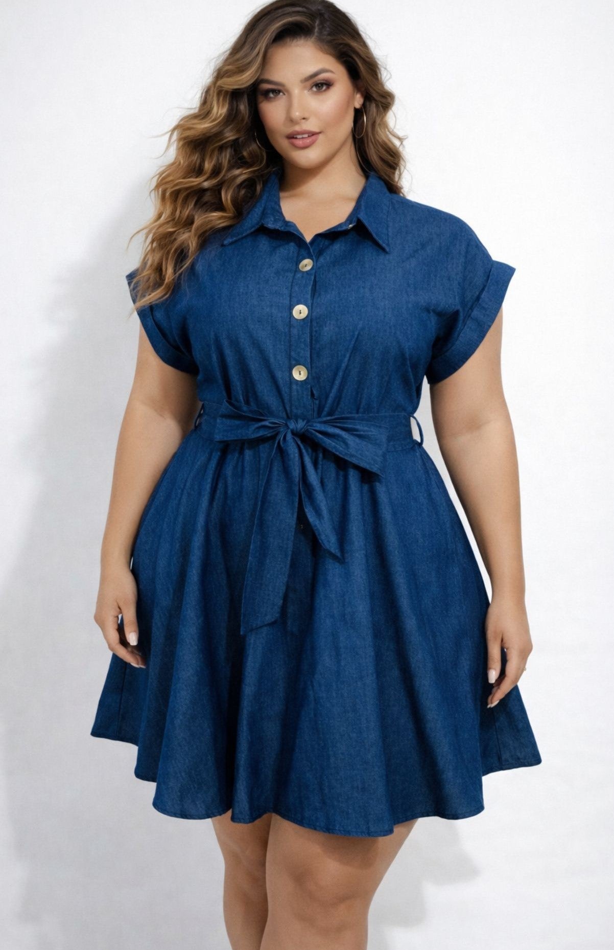 Denim Charm Tie-Waist Mini Dress – Curve