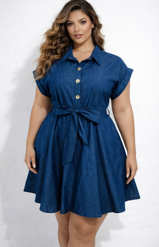 Denim Charm Tie-Waist Mini Dress – Curve