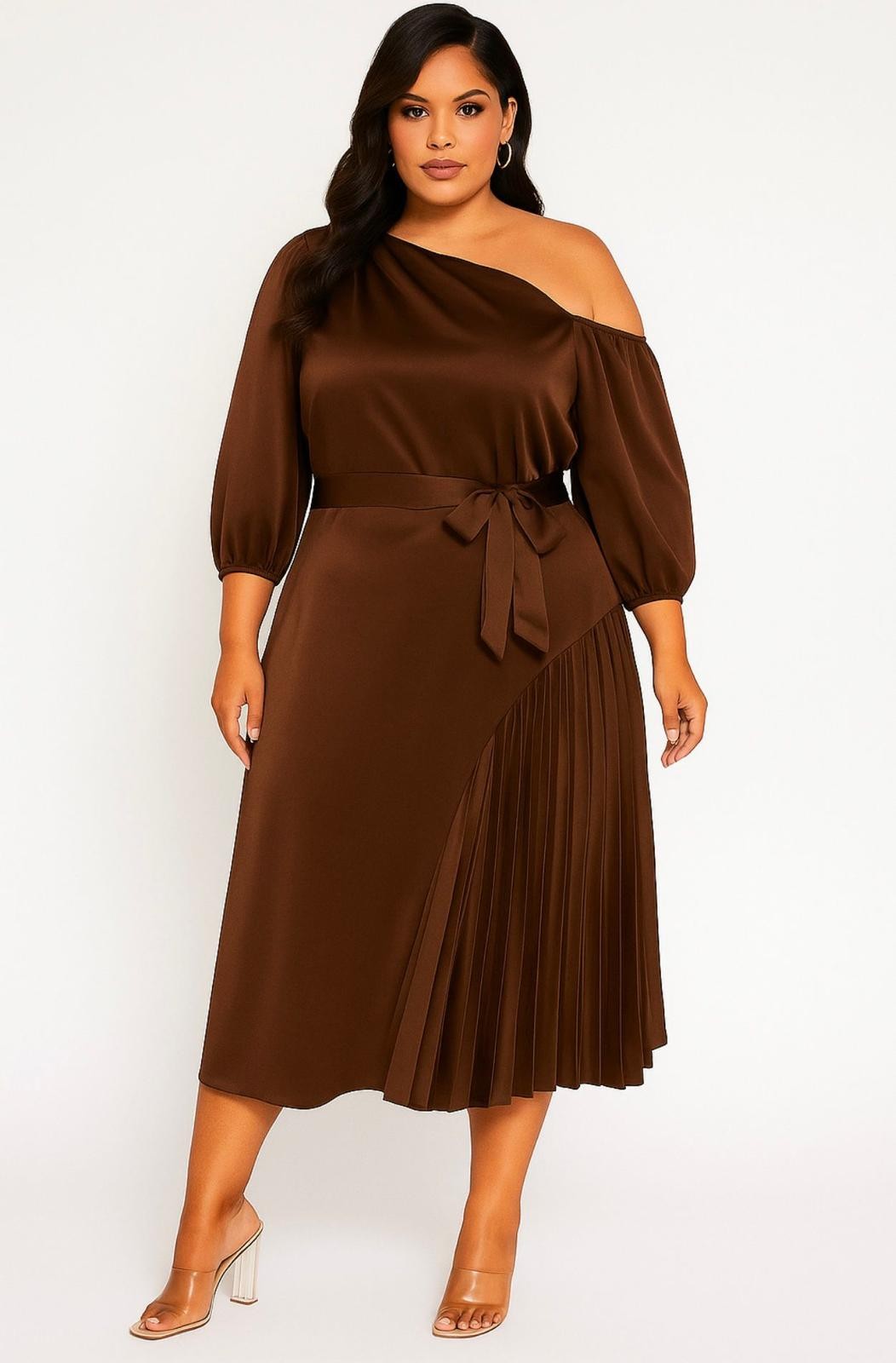 Celeste One-Shoulder Pleated Midi Dress – Curve