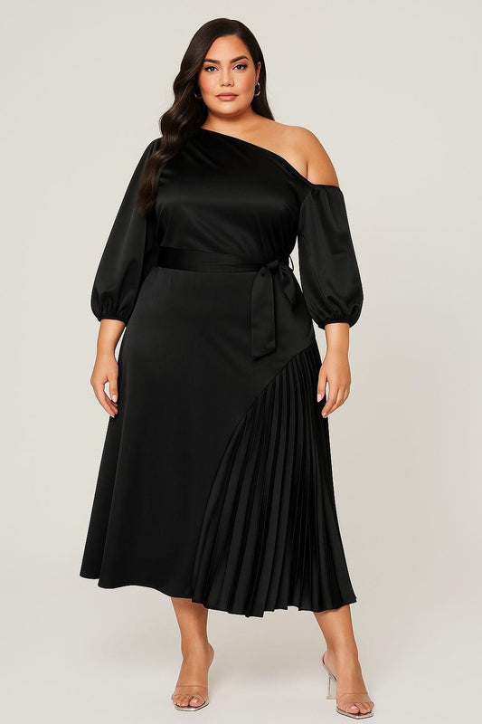 Celeste One-Shoulder Pleated Midi Dress – Curve