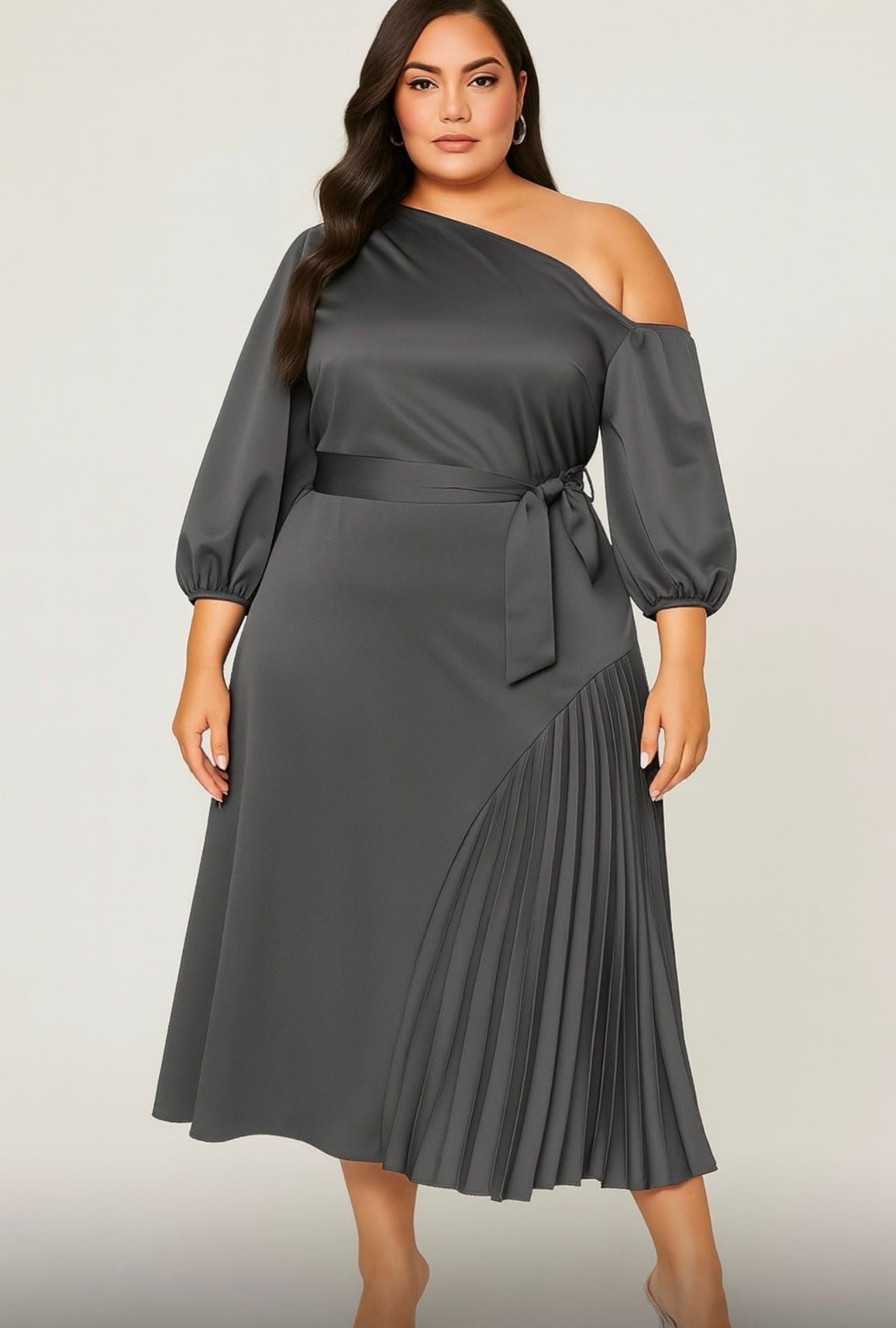 Celeste One-Shoulder Pleated Midi Dress – Curve