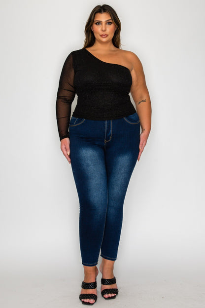 Glitter Mesh One-Shoulder Long Sleeve Top – Curve