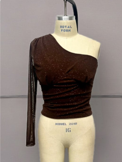 Glitter Mesh One-Shoulder Long Sleeve Top – Curve