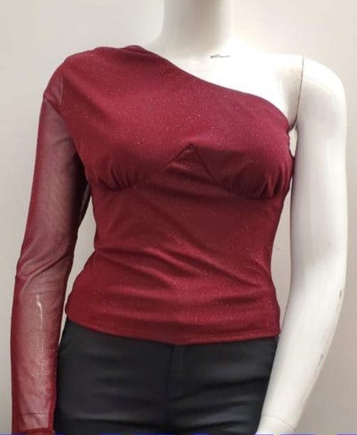 Glitter Mesh One-Shoulder Long Sleeve Top – Curve