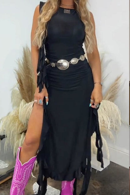 High Noon Ruffle Slit Western Maxi Dress