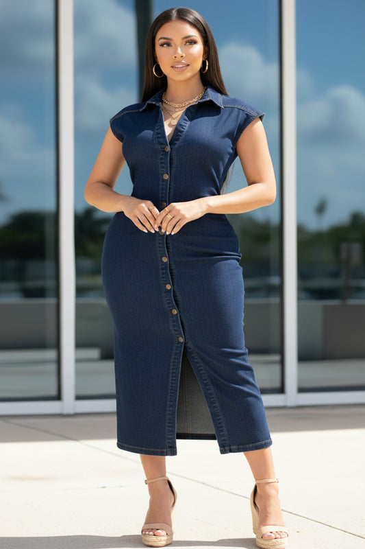 Classic Curve Button‑Down Denim Midi Dress