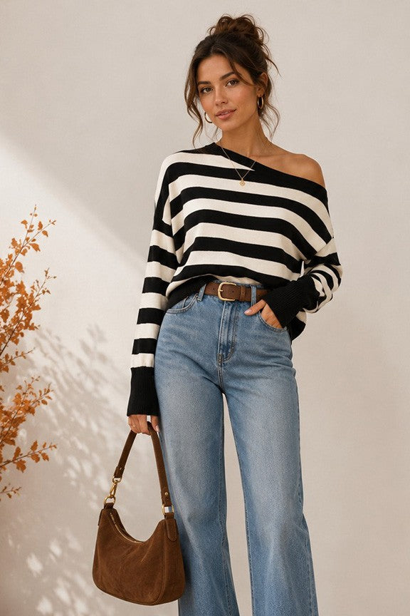 Cross the Line Off-Shoulder Striped Sweater