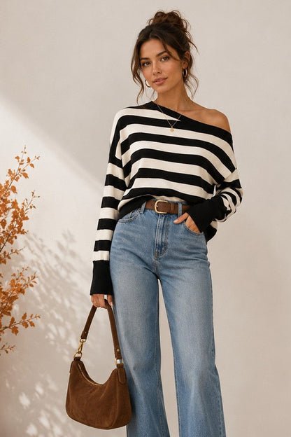 Cross the Line Off-Shoulder Striped Sweater