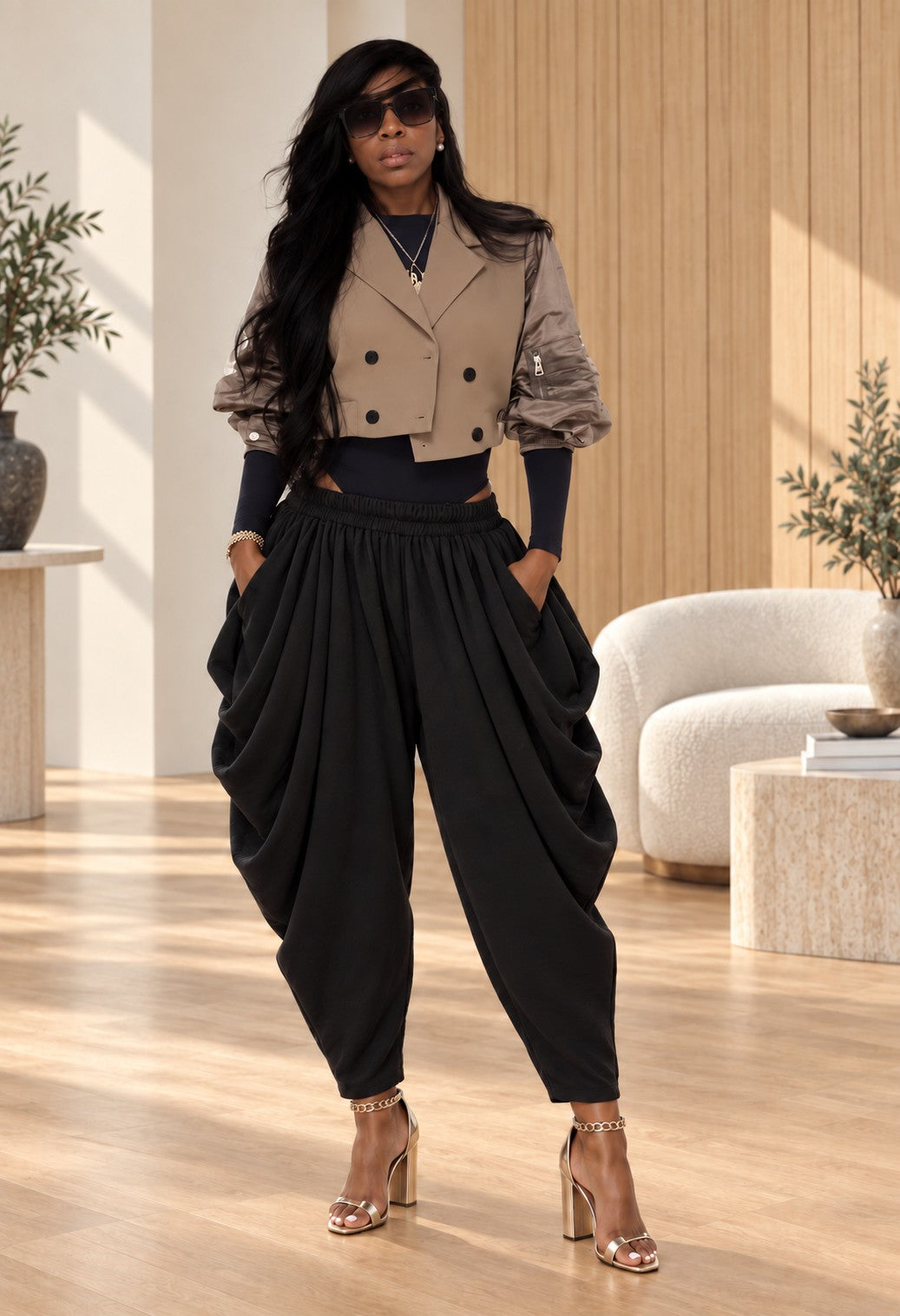Volume Control Pleated Baggy Pants