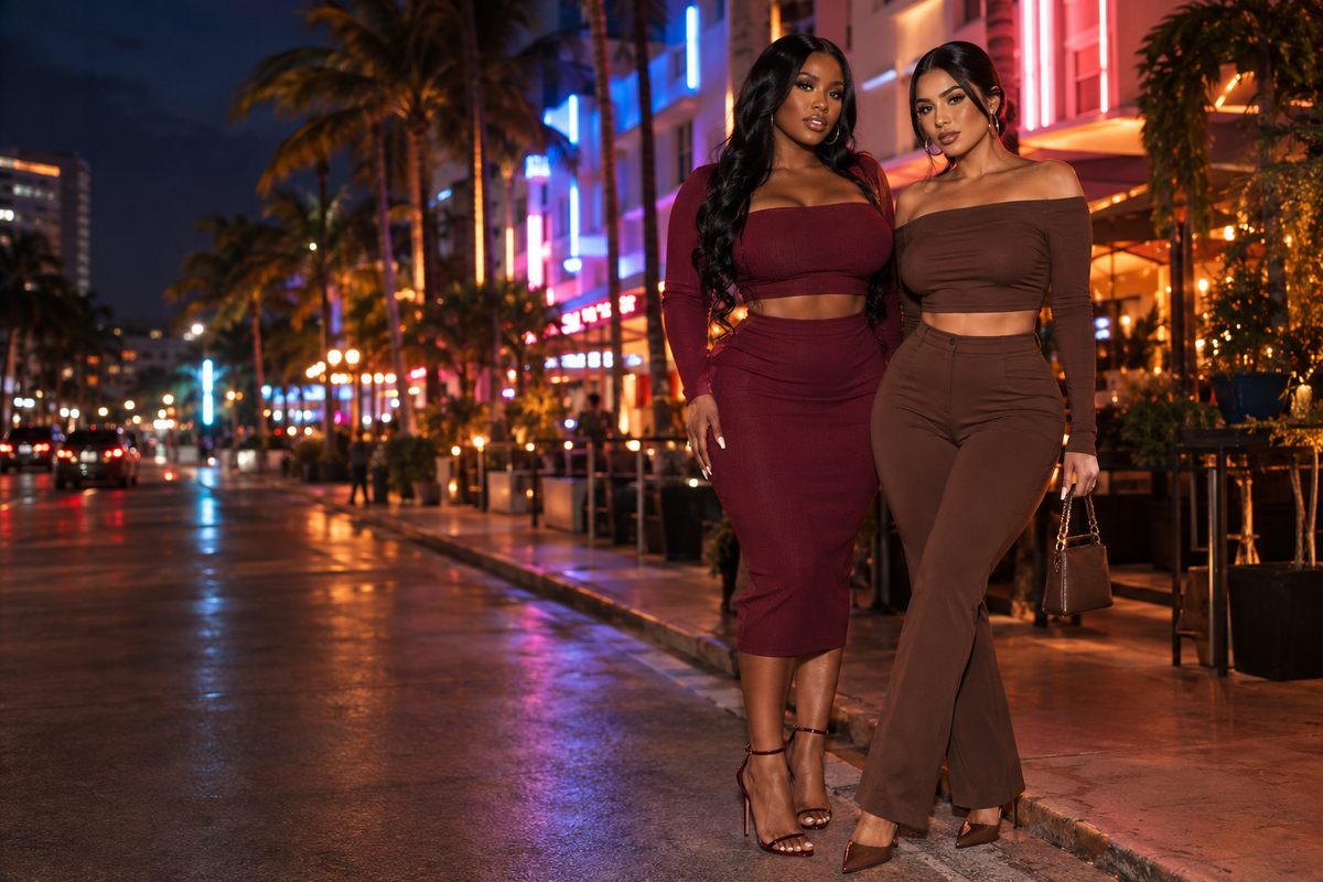 African American and Latina models in fall two-piece sets against a Miami nightlife backdrop