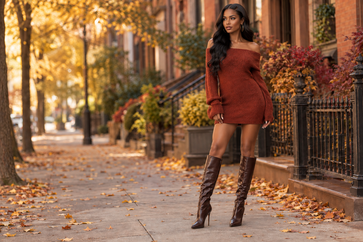Fall fashion image with a light-skinned African American model, long black hair, oversized off-one-shoulder sweater dress, and stiletto knee-high boots